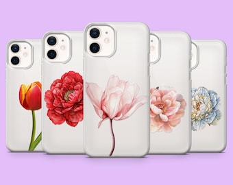 Clear Phone Case Minimalist Floral Spring Flowers Cover for iPhone 16Plus, 15, 14, 13, 12, 11, Samsung S25, S24, S23, S22, A16, A55, Pixel 9