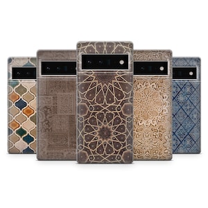 May include: A collection of five phone cases with intricate geometric and floral patterns. The cases feature a variety of colors, including brown, beige, and blue, and are designed to fit a specific phone model. The cases have a sleek, modern design.