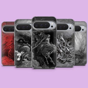 May include: A collection of phone cases featuring detailed black and white illustrations. The designs depict figures in dramatic scenes, with a red case on the left. The cases are displayed against a light purple background.