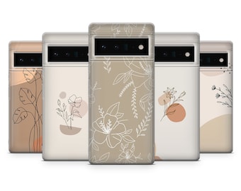 Minimalist Phone Case Floral Beige Cover for Google Pixel 10, 10Pro, 9, 9A, 9Pro, 8, 7, 6A, Samsung S25, S24, S23, S22, A16, iPhone 17, 16e
