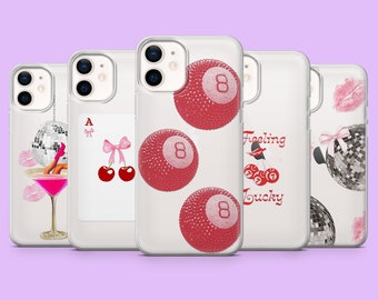 Clear Eight Ball Phone Case Transparent Cherry Disco Cover for iPhone 16E, 15, 14, 13, 12, Samsung S25, S24, S23, A16, A55, A35, Pixel 9A