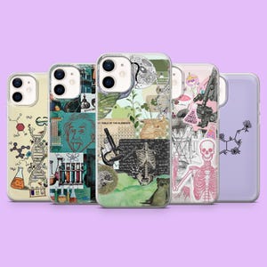 May include: Set of six colourful phone cases with a science theme. The cases feature images of a DNA strand, a microscope, a periodic table, a skeleton, a molecule, and a scientist. The cases are all clear and have a glossy finish.
