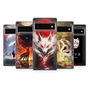May include: A collection of phone cases featuring stylized illustrations of foxes and fox-like creatures. The designs include a white fox with red accents, a red fox against a sunset, and a nine-tailed fox. The cases have a glossy finish.
