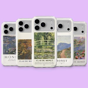 Op de afbeelding: Een verzameling van vijf telefoonhoesjes met beroemde schilderijen van Claude Monet. Elke hoes toont een ander kunstwerk, waaronder waterlelies en landschappen, met de naam van de kunstenaar en citaten. De hoesjes hebben een witte rand en een helder, beschermend ontwerp.