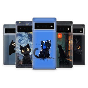 May include: Five different phone cases featuring black cat designs. The cases are clear and display the phone's camera lens. One case shows a black cat wearing headphones, another has a black cat against a starry night backdrop, and another depicts a black cat looking out of a window.