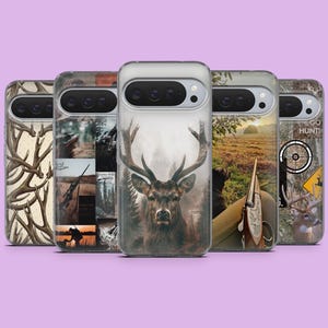 May include: Five smartphone cases featuring hunting-themed designs. The cases display imagery of deer antlers, a stag in a forest, a shotgun, a hunting dog, and a crosshair target symbol with the text GO HUNTING printed on the rightmost case.