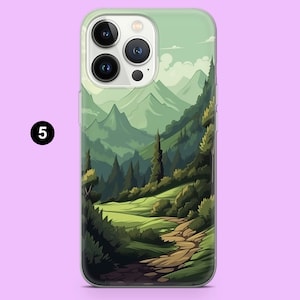 K&ouml;nnte beinhalten: Eine Handyh&uuml;lle mit einem gr&uuml;nen und braunen Berglandschaft-Design. Die H&uuml;lle ist transparent und zeigt die Objektive der Handykamera.