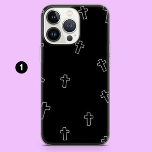 May include: A black phone case with a white cross pattern. The case has a clear back and a white border. The phone case is designed for an iPhone.