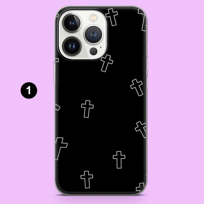 May include: A black phone case with a white cross pattern. The case has a clear back and a white border. The phone case is designed for an iPhone.
