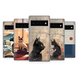 Japanese Cat Phone Case Japan Aesthetic Black Cat Cover for Google Pixel 10, 10Pro, 9, 9Pro, 8, 7, 6A, Samsung S25, S24, S23, A16, iPhone 17