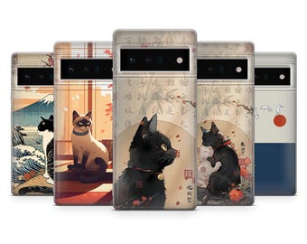 Japanskt kattskal med japansk estetik och svart katt för Google Pixel 10, 10Pro, 9, 9Pro, 8, 7, 6A, Samsung S25, S24, S23, A16, iPhone 17