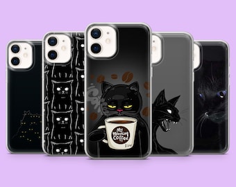 Coque pour téléphone chat noir Meow Pet Kitten Lover pour iPhone 15, 14, 13, 12, 11, Samsung S24Ultra, S23FE, S22, A15, A54, A25, A14, Pixel 8A, 7