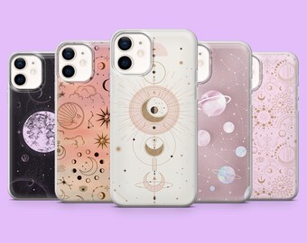 Funda rosa con diseño de luna y estilo bruja para iPhone 17e, 17Pro, 16, 15, 14, 13, 12, Samsung S26, S25, A56, A17, A16, Pixel 10A, 10Pro, 9A, 8A
