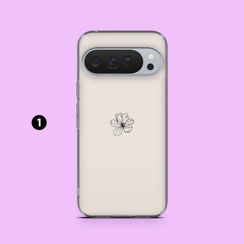 May include: A clear phone case with a floral design. The case has a light beige background with a black and white flower in the center. The phone's camera is visible at the top.