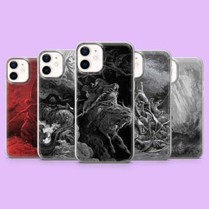 Op de afbeelding: Een verzameling telefoonhoesjes met gedetailleerde zwart-wit illustraties. De hoesjes tonen verschillende scènes, waaronder figuren te paard, engelen en dramatische gevechtsscènes. De hoesjes hebben een heldere, glanzende afwerking.