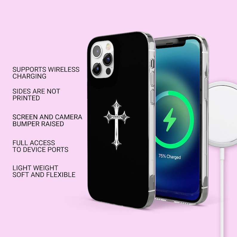 May include: A black phone case with a silver cross design. The case is compatible with wireless charging and has a raised bumper to protect the screen and camera. The case is shown with a phone charging on a wireless charging pad.