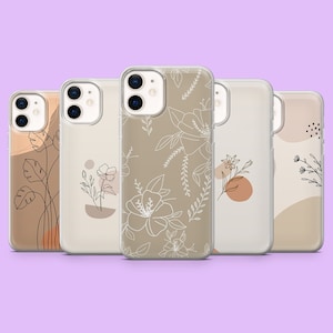 May include: Set of five clear phone cases with different minimalist floral designs. The cases are beige with white line drawings of flowers and leaves.
