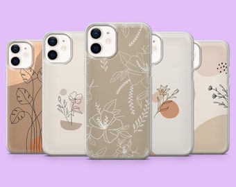 Coque de portable minimaliste beige, esthétique florale, dessin au trait pour iPhone 15, 14, 13, 12, 11, Samsung S24, S23FE, S22, A15, A54, A25, A14, Pixel 8