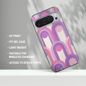 Op de afbeelding: Een telefoonhoesje met een retro-ontwerp met herhaalde boogpatronen in roze en paarse tinten. De hoes heeft een transparante rand en bevat de tekst: UV PRINT, FIT GEL CASE, LIGHT WEIGHT, SUITABLE FOR WIRELESS CHARGING en ACCESS TO DEVICE PORTS.