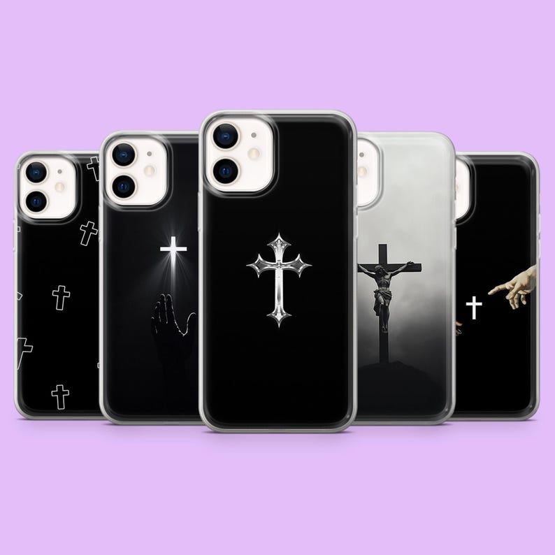 May include: Set of five black and white phone cases with different religious imagery. The cases feature crosses, a praying hand, and a figure on a cross.