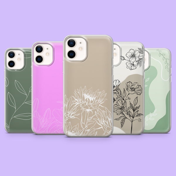 Floral Line Art Phone Case Sage Beige Aesthetic Cover for iPhone 15, 14, 13, 12, 11, Samsung S24Ultra, S23FE, S22, A15, A54, A25,A14,Pixel 8
