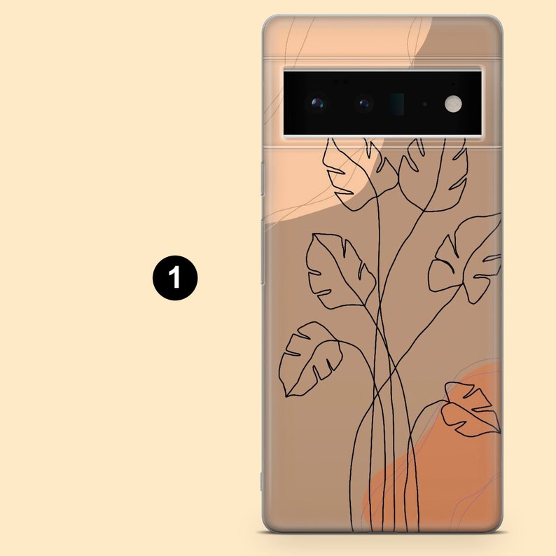 May include: A phone case with a minimalist design featuring a brown background and black line drawings of leaves. The case has a camera cutout with a black border.