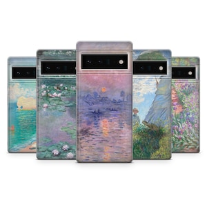 Può includere: Cinque diverse custodie per telefono con dipinti famosi di Claude Monet. Le custodie presentano una varietà di scene, tra cui ninfee, un tramonto su un fiume, una donna con un ombrello e un campo di fiori.