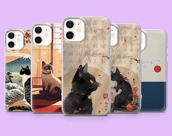 Funda para teléfono con diseño de gato japonés, color negro, compatible con iPhone 17e, 17Pro, 16e, 15, 14, 13, 12, Samsung S26, S25, A56, A17, A16, Pixel 10A, 10Pro, 9A, 8.