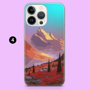 K&ouml;nnte beinhalten: Eine Handyh&uuml;lle mit durchsichtiger R&uuml;ckseite und einem farbenfrohen Bild einer Bergkette mit blauem Himmel und Sonnenuntergang. Das Bild ist eine stilisierte Illustration einer Bergkette mit einem Fluss, der durch sie flie&szlig;t.
