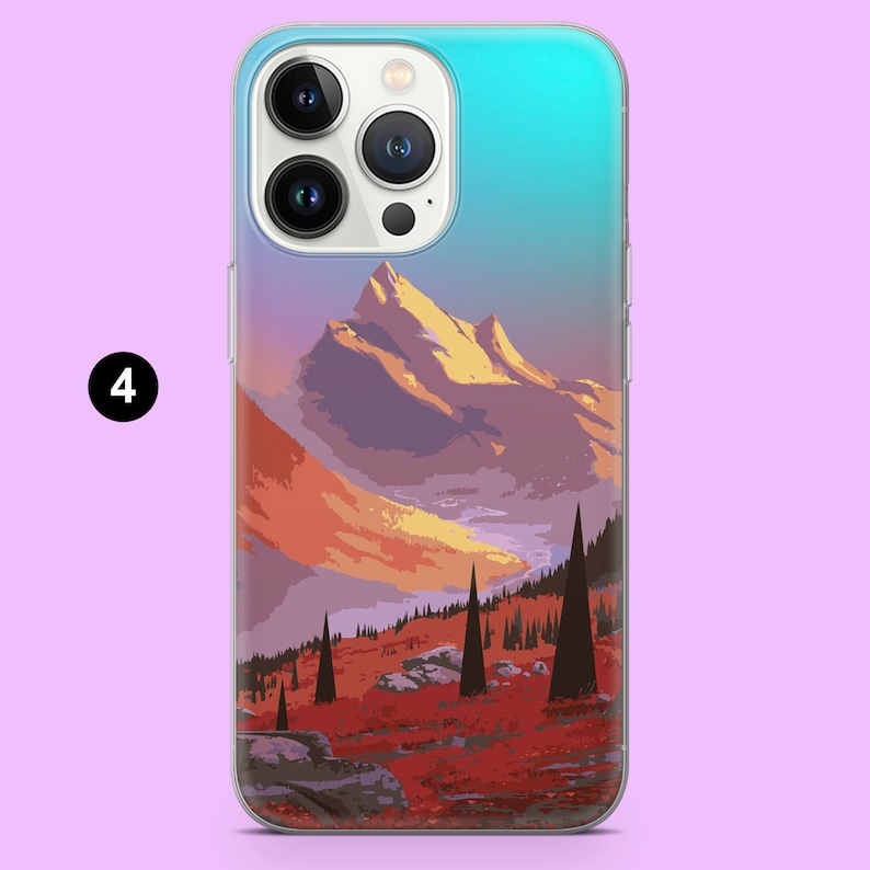 K&ouml;nnte beinhalten: Eine Handyh&uuml;lle mit durchsichtiger R&uuml;ckseite und einem farbenfrohen Bild einer Bergkette mit blauem Himmel und Sonnenuntergang. Das Bild ist eine stilisierte Illustration einer Bergkette mit einem Fluss, der durch sie flie&szlig;t.