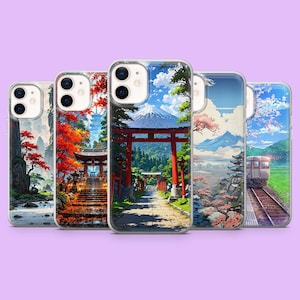 以下が含まれることがあります： 日本の風景画が描かれたスマホケースのコレクション。各ケースには、寺院、山、桜など、さまざまなシーンが描かれています。ケースは透明な縁取りと光沢のある仕上がりになっています。