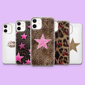 Geparden Print Handyhülle Pink Star Leopard Cover für iPhone 16 Pro, 15, 14, 13, 12, Samsung S25Ultra, S24, S23, S22, A16, A55, A25, Pixel 9