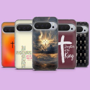 May include: A collection of phone cases with religious themes. Designs include crosses, inspirational text, and a sunset scene. Cases feature a variety of colors, including orange, cream, burgundy, and black. The cases are displayed against a purple background.