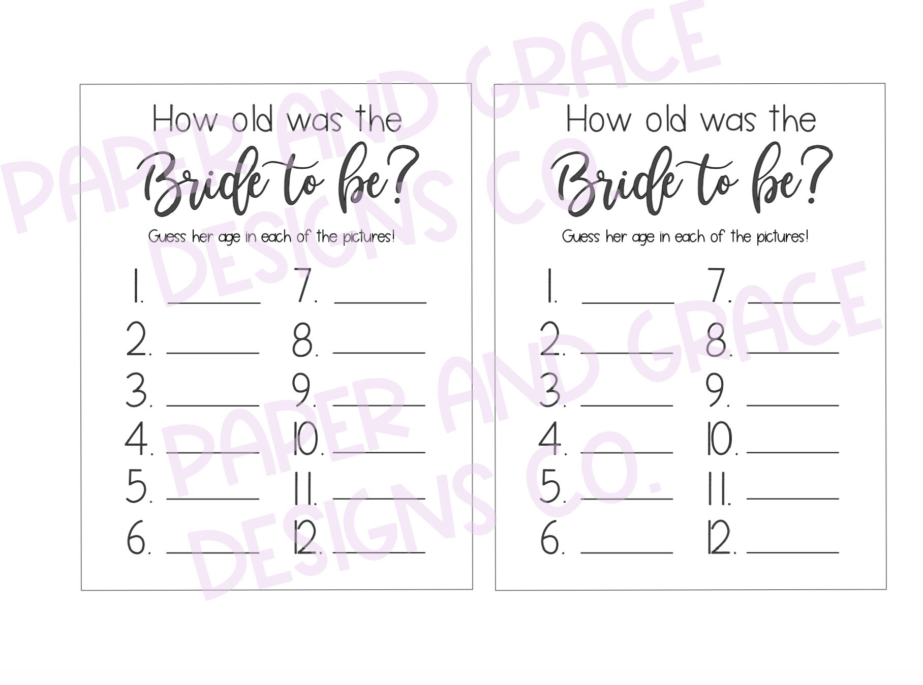 Bridal Shower Game Guess the Bride's Age Bridal Shower Game Printable ...