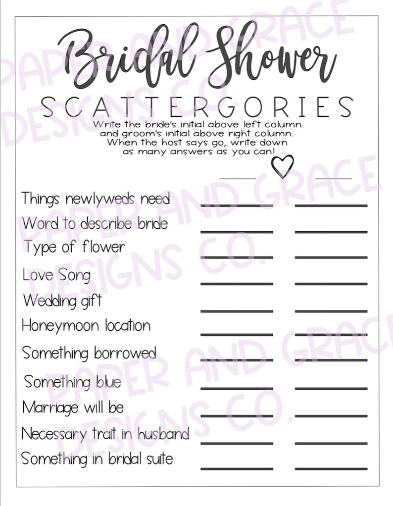 Bridal Shower Game Scattergories Bridal Shower Game Shower Game Printable Bridal Shower Game