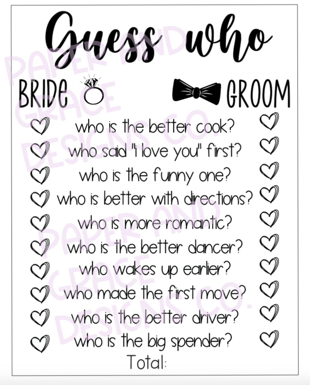 Bridal Shower Game Bride or Groom Game Shower Game Printable Bridal Shower Game Etsy