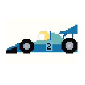 May include: A pixel art style race car in profile view, featuring a blue body with a light blue upper section, a yellow driver helmet, and black wheels. The side of the car displays the number 2 in black, and it includes a rear spoiler.