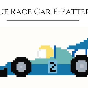May include: A pixel art illustration of a blue race car with a yellow driver's helmet, a number 2 on the side, and black wheels.