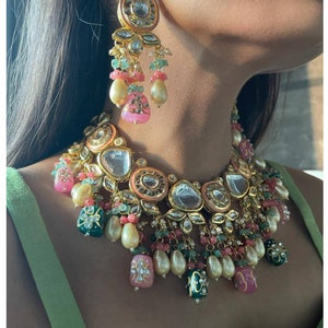 Meenakari Jadau Kundan Kundan Bridal Choker set, Tanjore Semiprecious Stone Kundan Necklace, Indian Jewelry Set