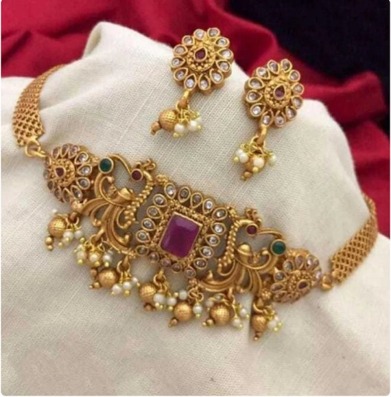 South Indian Gold Plated Jewellery Set /South Indian Necklace Choker  Necklace Choker Set/ Bollywood Jewelry/ Indian Jewelry/ Gifts