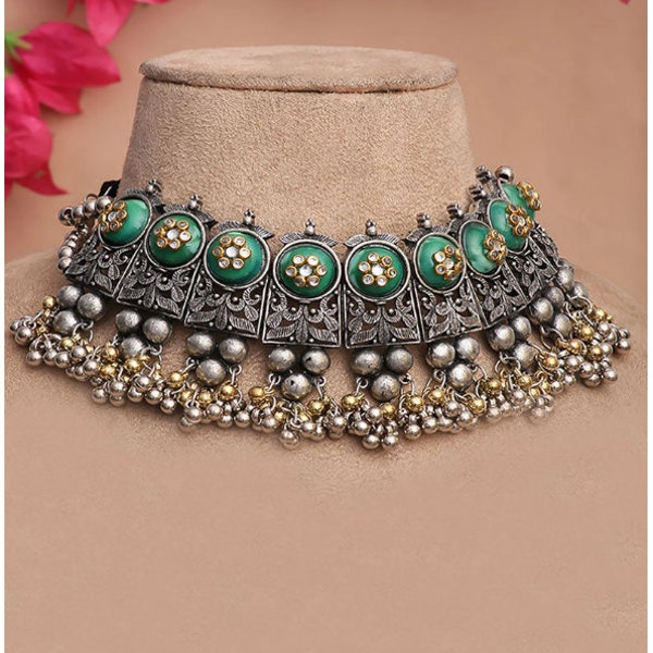Indian Oxidized Kundan Choker Set, Handcrafted Choker With Jhumki Earrings, Antique Dual Tone Jewelry, Indian Necklace Combo Free Delivery