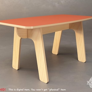 May include: A small, modern wooden table with a rectangular orange top and natural wood legs. The table is approximately 24 inches long, 16 inches wide, and 12 inches high. The legs have a curved design. The text "WARNING! This is digital item. You won't get "physical" item" is at the bottom.