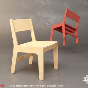 Puede incluir: Dos sillas de madera modernas. Una es de madera natural, la otra es de color rojo-naranja vibrante. Las sillas tienen un diseño minimalista con líneas limpias y un respaldo sencillo. La imagen incluye el texto "WARNING! This is digital item. You won't get "physical" item."