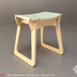 May include: A wooden stool with a light green seat and natural wood legs. The stool has a curved seat and angled legs. The text "WARNING! This is digital item. You won't get "physical" item" is at the bottom.