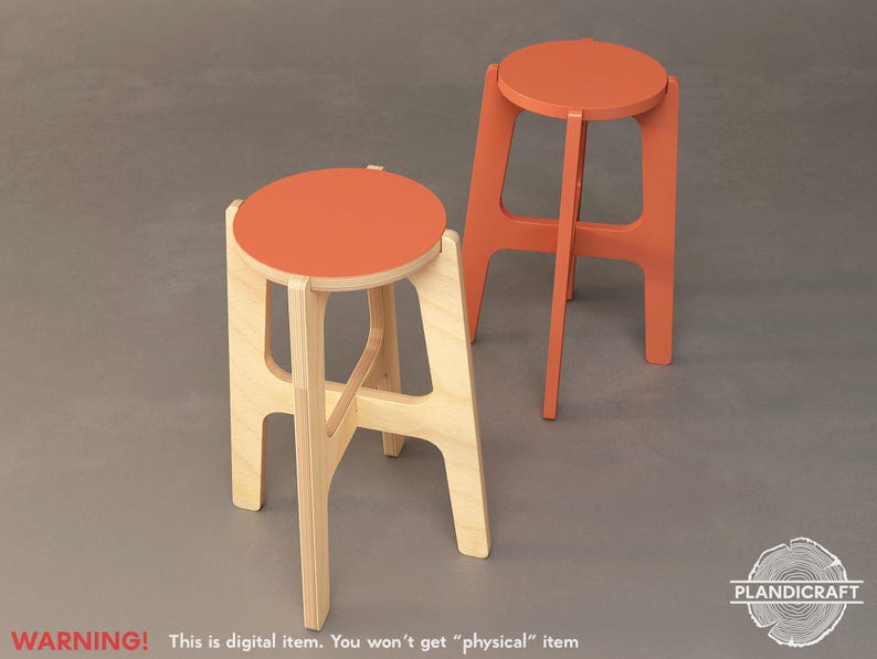 May include: Two wooden stools with a simple design. The stools are made of natural wood and have a light brown finish. The top of each stool is painted a bright orange colour.