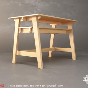 May include: A light-colored wooden desk with a rectangular top and a lower shelf. The desk has a minimalist design with angled legs and a small drawer. The text "WARNING! This is digital item. You won't get "physical" item" is at the bottom.