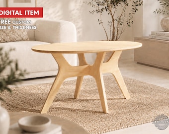 Può includere: Un tavolino ovale in legno chiaro con un design unico delle gambe. Il tavolo è posto su un tappeto intrecciato in un soggiorno. Il testo "DIGITAL ITEM" e "FREE CUSTOM SIZE & THICKNESS" è visibile. Il tavolo è lungo circa 120 cm.