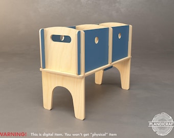 May include: A wooden storage unit with three compartments, featuring a natural wood finish and blue accents. The unit has a handle cutout on the side and is supported by arched legs. The text "WARNING! This is digital item. You won't get "physical" item" is at the bottom.