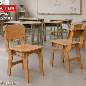 May include: Two light brown wooden chairs with a simple, angular design featuring a flat seat and a rectangular backrest. The chairs are constructed from plywood panels with visible grain, showcasing a sturdy frame with open side supports.