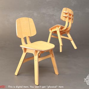 May include: Two light-colored wooden chairs with a minimalist design. The chairs have a curved backrest and a seat, with angled legs for stability. The chairs are made of light-colored wood. The image includes the text "WARNING! This is digital item. You won't get "physical" item."